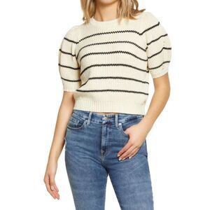 VERO MODA Crochet Black Stripe Puff Sleeve Cottage Sweater Top Womens Medium